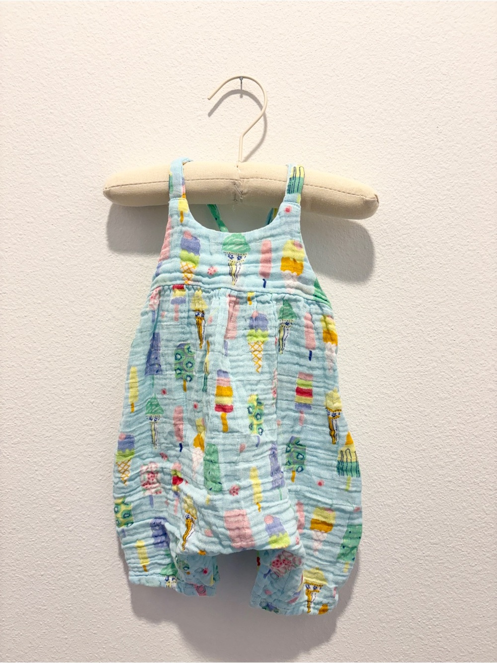 Angel Dear Light Blue Muslin Romper with Pastel Print